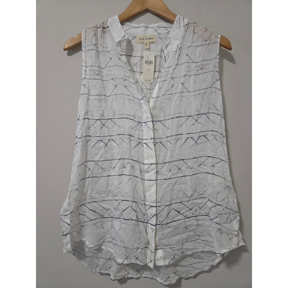 Cloth & Stone Womens Tencel Sleeveless Button Down Shirt White Navy Print L‎ NEW
